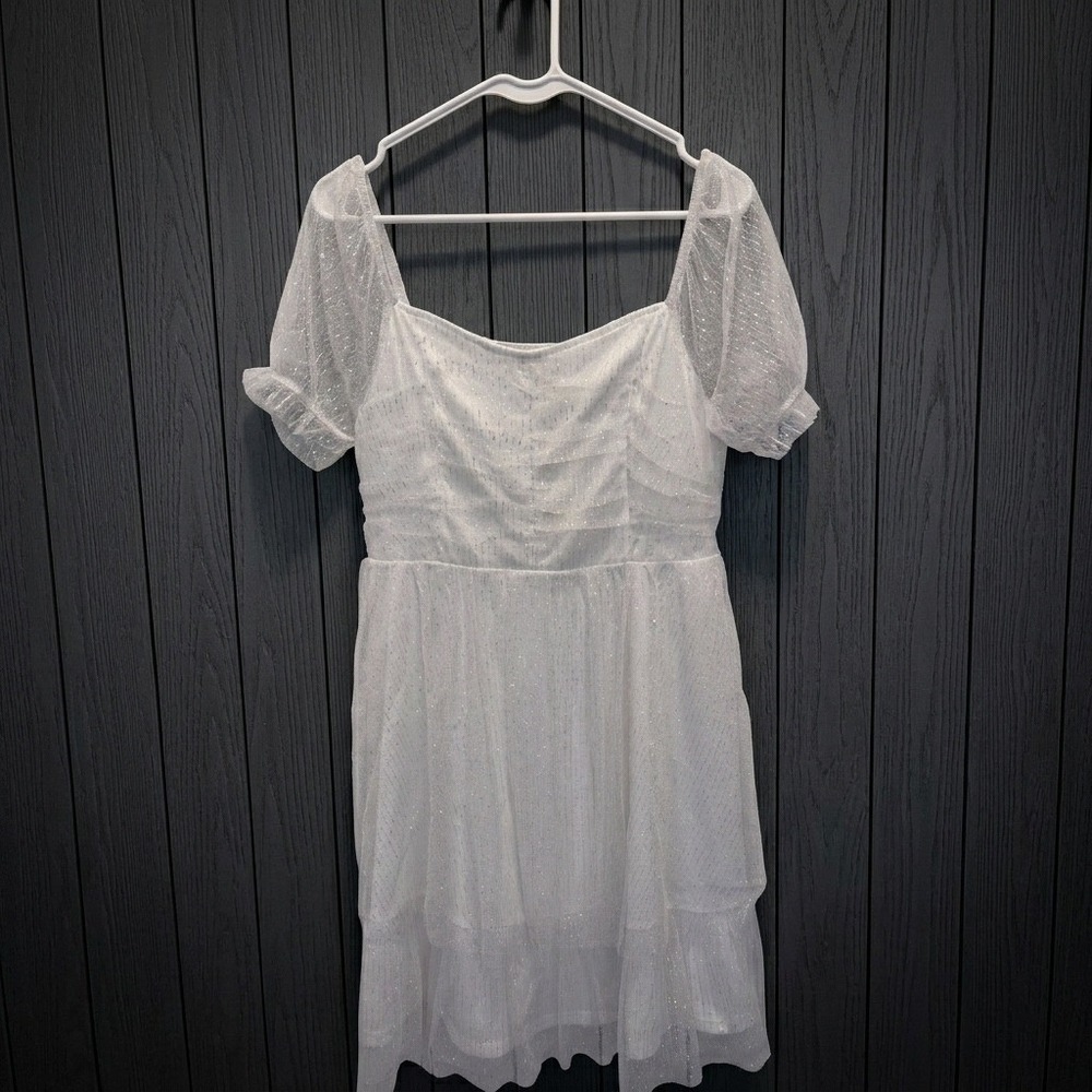 Tiered Fairycore Altar'd State Mini Dress Women M White Glitter‎ Tulle Ruffle